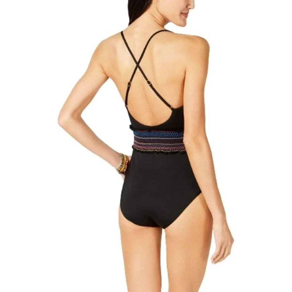 NWOT Bar III S Smocked Black Deep V 1PC Swimsuit 130804 - Picture 3 of 5